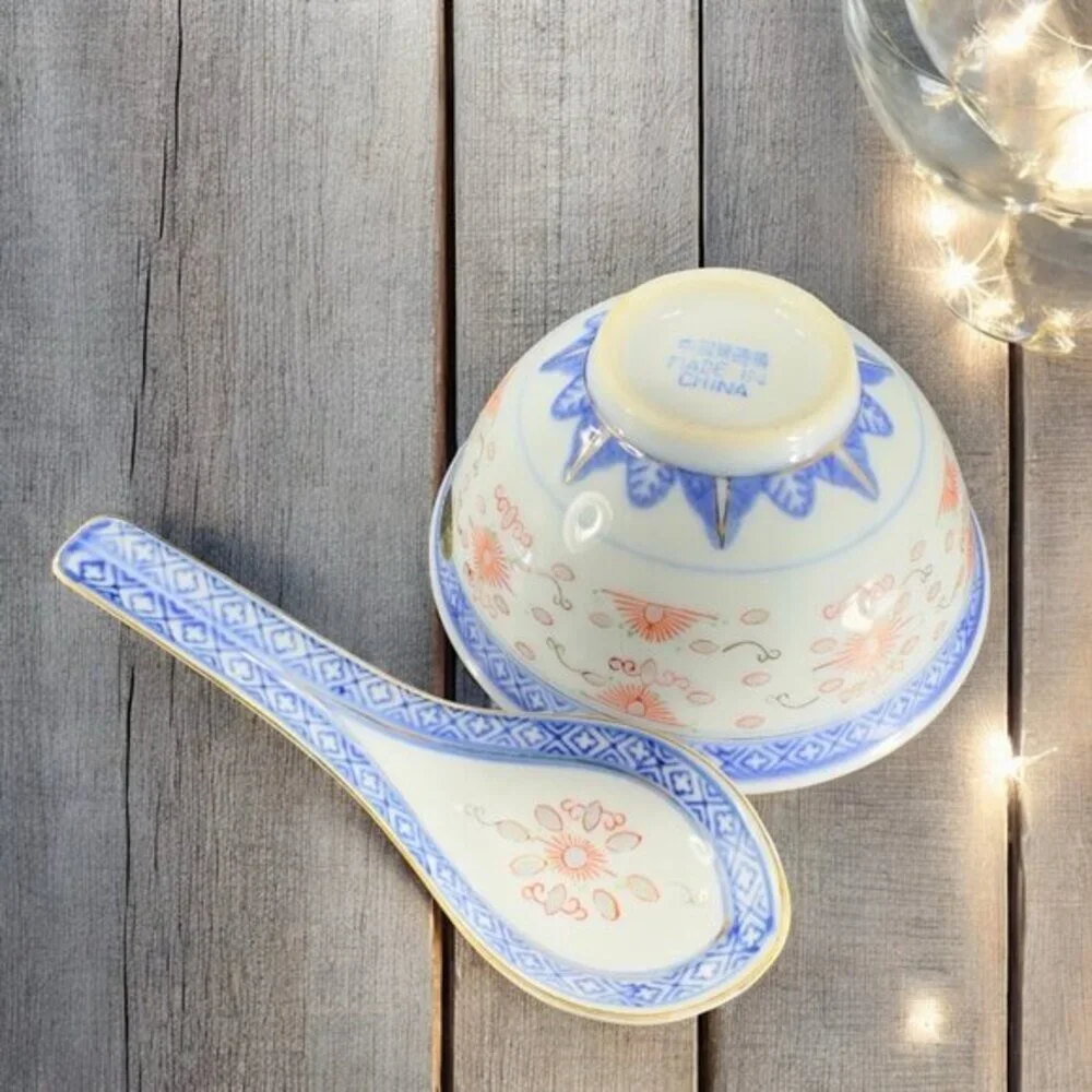Vintage Chinese‎ Porcelain Rice Grain Bowl And Spoon Decorated Bowl With Sticker